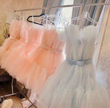 Cute Ball Gown Strapless Light Pink Tulle 8th Grade Dance Dresses Middle School Grad Outfits Homecoming Dresses Short Mini Hoco Dress HZ1214