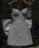Cute A line Spaghetti Straps White Sequin Short Formal 8th Grade Homecoming Dresses Summer Middle School Hoco Dress Homecoming Outfits HZ1214