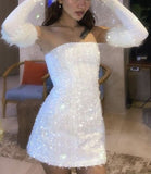 Cute A line Strapless White Sequin Short Formal 8th Grade Homecoming Dresses Summer Middle School Hoco Dress Homecoming Outfits HZ1214