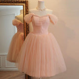 Pretty Ball Gown Off The Shoulder Blush Pink Tulle Short Formal 8th Grade Homecoming Dresses Summer Middle School Hoco Dress 6th Grade Graduation Outfits HZ1214