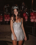 Pretty A line Spaghetti Straps Silver Sequin Short Formal 8th Grade Homecoming Dresses Summer Middle School Hoco Dress 6th Grade Graduation Outfits HZ1214