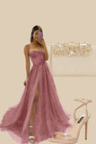 Elegant A Line Spaghetti Straps Pink Lace Sleeveless Long Split Evening Party Gowns Evening Dress Special Formal Dresses Prom Dress HZ1121