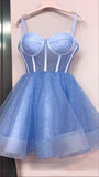 Vintage Ball Gown Spaghetti Straps Blue Sequin Formal 8th Grade Homecoming Dresses Middle School Hoco Dress 6th Grade Graduation Outfits HZ1214