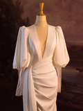 Elegant Wedding Dress Mermaid V Neck Summer Long Sleeves Satin White Wedding Dresses Bride Dress Bridal Gowns HZ1214