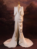 Elegant Wedding Dress Mermaid V Neck Summer Long Sleeves Satin White Wedding Dresses Bride Dress Bridal Gowns HZ1214