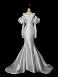Elegant Wedding Dress Mermaid Strapless White Satin Summer Long Sleeves Wedding Dresses Bride Dress Bridal Gowns HZ1214