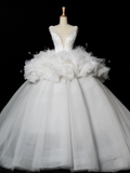 Elegant Wedding Dress Ball Gown V Neck White Tulle Summer Long Wedding Dresses Bride Dress Bridal Gowns HZ1214