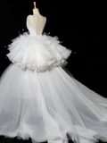 Elegant Wedding Dress Ball Gown V Neck White Tulle Summer Long Wedding Dresses Bride Dress Bridal Gowns HZ1214