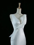 Pretty Wedding Dress Mermaid V Neck White Satin Long Vintage Wedding Dresses Bridal Gowns Brides Gown HZ1214