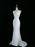 Pretty Wedding Dress Mermaid V Neck White Satin Long Vintage Wedding Dresses Bridal Gowns Brides Gown HZ1214