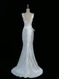 Pretty Wedding Dress Mermaid V Neck White Satin Long Vintage Wedding Dresses Bridal Gowns Brides Gown HZ1214