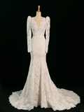 Pretty Wedding Dress Mermaid V Neck Ivory Sleeveless Lace Long Vintage Wedding Dresses Bridal Gowns Brides Gown HZ1214