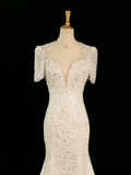 Pretty Wedding Dress Mermaid Sweetheart Short Sleeves Sequin Long Vintage Wedding Dresses Bridal Gowns Brides Gown HZ1214