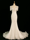 Pretty Wedding Dress Mermaid Sweetheart Short Sleeves Sequin Long Vintage Wedding Dresses Bridal Gowns Brides Gown HZ1214