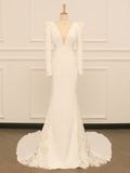 Pretty Wedding Dress Mermaid V Neck Ivory Lace Long Sleeves Backless Vintage Wedding Dresses Bridal Gowns Brides Gown HZ1214