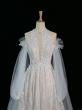 Pretty Wedding Dress A line Scoop Neck Long Sleeves Tulle Lace Vintage Wedding Dresses Bridal Gowns Brides Gown HZ1214