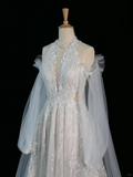 Pretty Wedding Dress A line Scoop Neck Long Sleeves Tulle Lace Vintage Wedding Dresses Bridal Gowns Brides Gown HZ1214