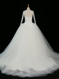 Elegant Wedding Dress Ball Gown Scoop Long Sleeves White Tulle Summer Wedding Dresses Bride Dress Bridal Gowns HZ1214