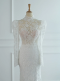 Pretty Wedding Dress Mermaid High Neck White Lace Long Sleeves Backless Vintage Wedding Dresses Bridal Gowns Brides Gown HZ1214
