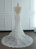 Pretty Wedding Dress Mermaid High Neck White Lace Long Sleeves Backless Vintage Wedding Dresses Bridal Gowns Brides Gown HZ1214