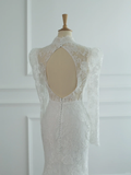 Pretty Wedding Dress Mermaid High Neck White Lace Long Sleeves Backless Vintage Wedding Dresses Bridal Gowns Brides Gown HZ1214