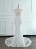 Pretty Wedding Dress Mermaid High Neck White Lace Long Sleeves Backless Vintage Wedding Dresses Bridal Gowns Brides Gown HZ1214
