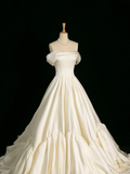 Pretty Wedding Dress Ball Gown Off The Shoulder Short Sleeves Satin Long Vintage Wedding Dresses Bridal Gowns Brides Gown HZ1214