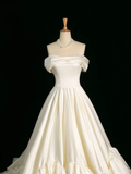 Pretty Wedding Dress Ball Gown Off The Shoulder Short Sleeves Satin Long Vintage Wedding Dresses Bridal Gowns Brides Gown HZ1214