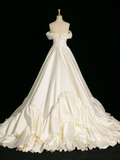 Pretty Wedding Dress Ball Gown Off The Shoulder Short Sleeves Satin Long Vintage Wedding Dresses Bridal Gowns Brides Gown HZ1214