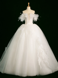 Elegant Wedding Dress Ball Gown Off The Shoulder Short Sleeves Tulle White Summer Long Wedding Dresses Bride Dress Bridal Gowns HZ1214