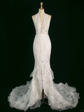 Pretty Wedding Dress Mermaid V Neck Sleeveless Lace Long Vintage Wedding Dresses Bridal Gowns Brides Gown HZ1214