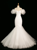 Pretty Wedding Dress Mermaid Off The Shoulder Short Sleeves Tulle Long Vintage Wedding Dresses Bridal Gowns Brides Gown HZ1214
