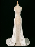 Chic Wedding Dress Mermaid Halter White Satin Sleeveless Long Vintage Wedding Dresses Bridal Gowns Brides Gown HZ1214
