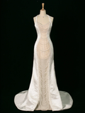 Chic Wedding Dress Mermaid Halter White Satin Sleeveless Long Vintage Wedding Dresses Bridal Gowns Brides Gown HZ1214