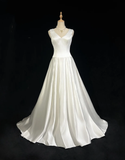 Vintage Wedding Dress A line V Neck White Satin Sleeveless Long Vintage Wedding Dresses Bridal Gowns Brides Gown HZ1214
