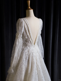 Vintage Wedding Dress A line V Neck White Long Sleeves Sequin Long Wedding Dresses Bridal Gowns Brides Gown HZ1214