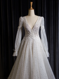 Vintage Wedding Dress A line V Neck White Long Sleeves Sequin Long Wedding Dresses Bridal Gowns Brides Gown HZ1214