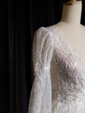 Vintage Wedding Dress A line V Neck White Long Sleeves Sequin Long Wedding Dresses Bridal Gowns Brides Gown HZ1214