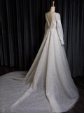Vintage Wedding Dress A line V Neck White Long Sleeves Sequin Long Wedding Dresses Bridal Gowns Brides Gown HZ1214
