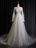 Vintage Wedding Dress A line V Neck White Long Sleeves Sequin Long Wedding Dresses Bridal Gowns Brides Gown HZ1214