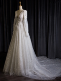 Vintage Wedding Dress A line V Neck White Long Sleeves Sequin Long Wedding Dresses Bridal Gowns Brides Gown HZ1214