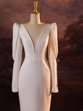 Vintage Wedding Dress Mermaid V Neck White Long Sleeves Satin Long Wedding Dresses Bridal Gowns Brides Gown HZ1214