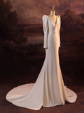 Vintage Wedding Dress Mermaid V Neck White Long Sleeves Satin Long Wedding Dresses Bridal Gowns Brides Gown HZ1214