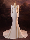 Vintage Wedding Dress Mermaid V Neck White Long Sleeves Satin Long Wedding Dresses Bridal Gowns Brides Gown HZ1214