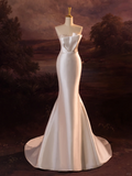 Pretty Wedding Dress Mermaid Strapless Silver Beads White Satin Long Wedding Dresses Bridal Gowns Brides Gown HZ1214
