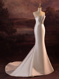 Pretty Wedding Dress Mermaid Strapless Silver Beads White Satin Long Wedding Dresses Bridal Gowns Brides Gown HZ1214