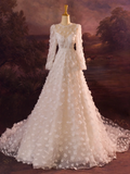 Elegant Wedding Dress Ball Gown Scoop Long Sleeves Tulle Flowers Long Wedding Dresses Bride Dress Bridal Gowns HZ1214