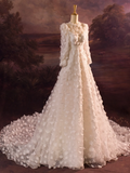 Elegant Wedding Dress Ball Gown Scoop Long Sleeves Tulle Flowers Long Wedding Dresses Bride Dress Bridal Gowns HZ1214
