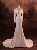 Vintage Wedding Dress Mermaid V Neck White Long Sleeves Backless Satin Long Wedding Dresses Bridal Gowns Brides Gown HZ1214