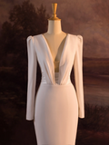Vintage Wedding Dress Mermaid V Neck White Long Sleeves Backless Satin Long Wedding Dresses Bridal Gowns Brides Gown HZ1214